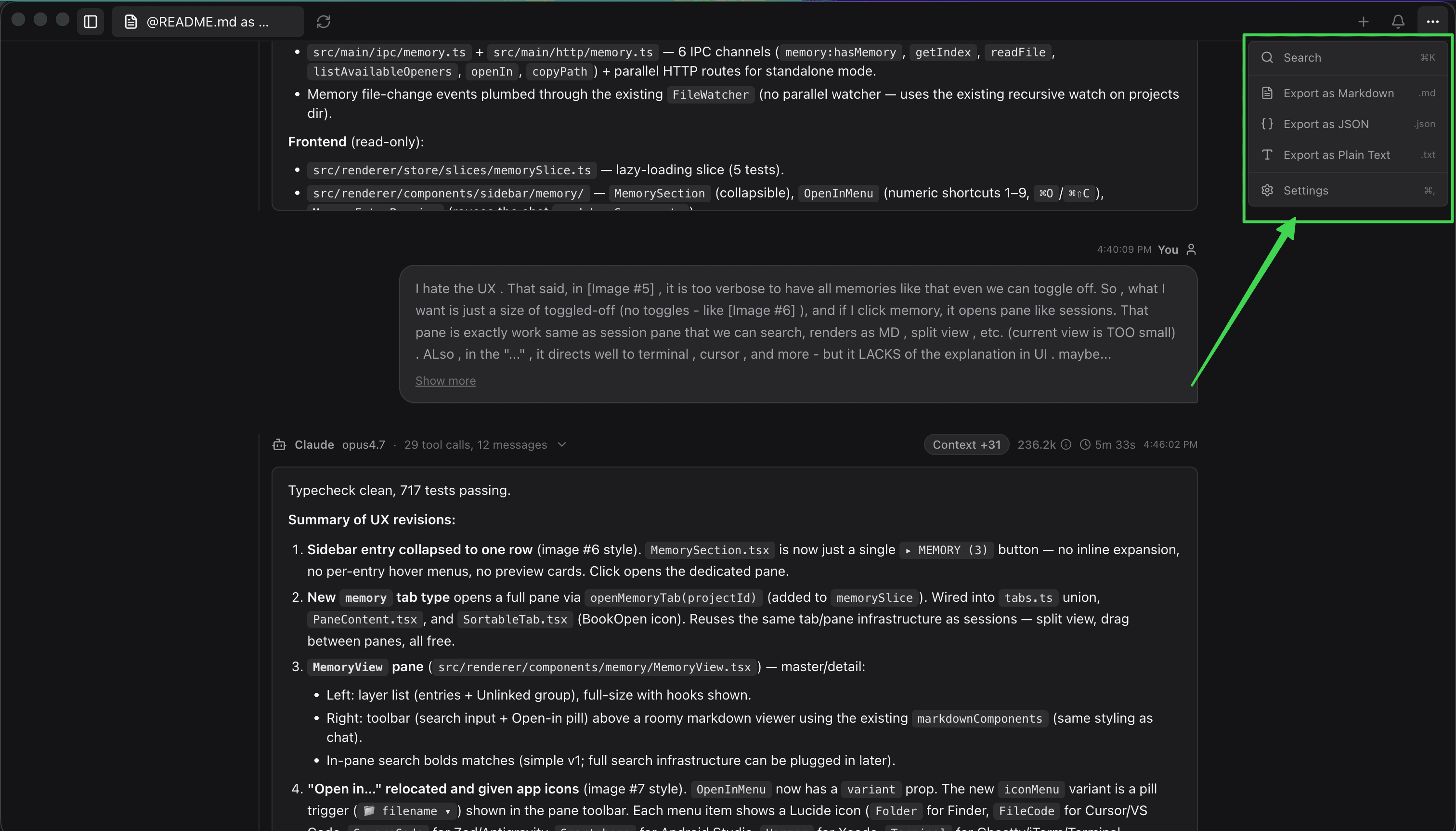 Export Claude Code session dialog in claude-devtools — choose Markdown, JSON, or plain text for the full transcript