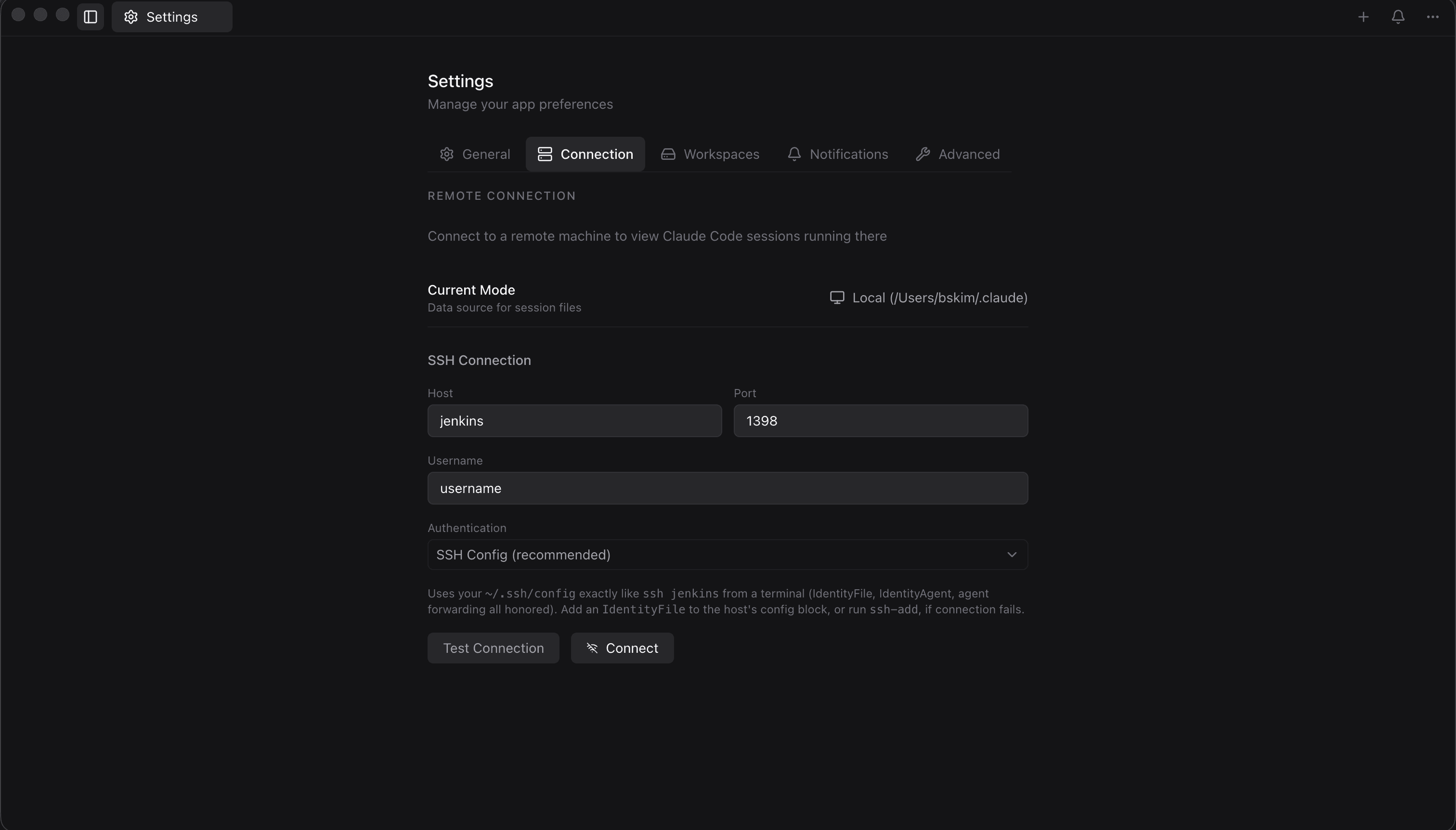 claude-devtools SSH connection settings — host, port, username, and SSH Config authentication using ~/.ssh/config aliases